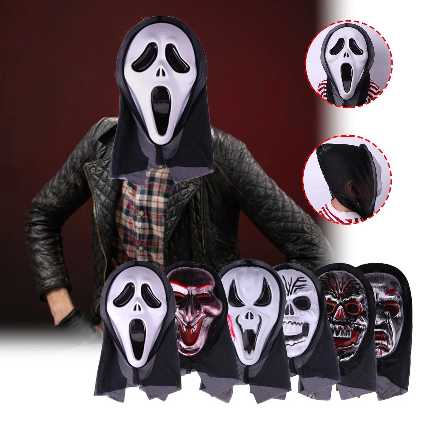 halloween decorations Mask With Shroud, Halloween Scream Mask Full Head Masks Scary Masks Party Horror Costume Accessory