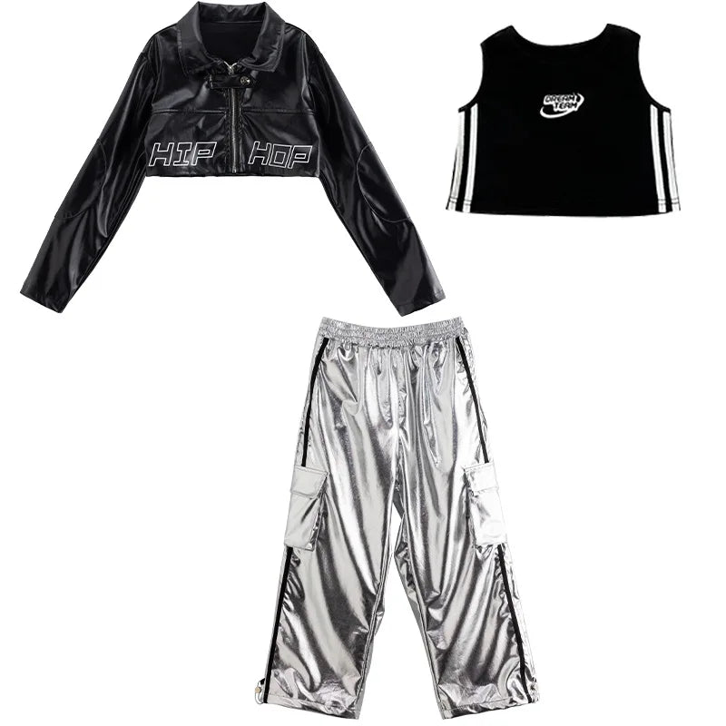 Girls Jazz Dance Hip Hop Outfit Child Model Catwalk Stage Dance Show Costume Black Navel Top White Trousers