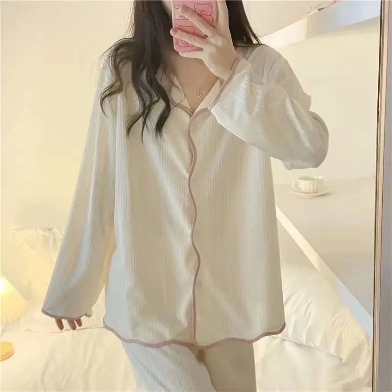 Spring and Autumn Long Sleeve Pants Pajamas Loungewear Set Women's Simple Pull Edge Loose Girl Student Loungewear Loose Suit