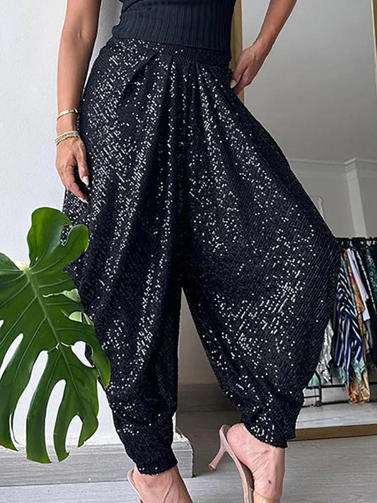 Women Elastic Waist Bloomers, Spring Summer Sequins Patchwork Trousers, Loungewear Fashion Solid Loose Ladies Pants Streetwear