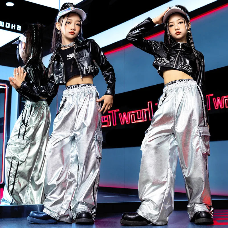 Girls Jazz Dance Hip Hop Outfit Child Model Catwalk Stage Dance Show Costume Black Navel Top White Trousers
