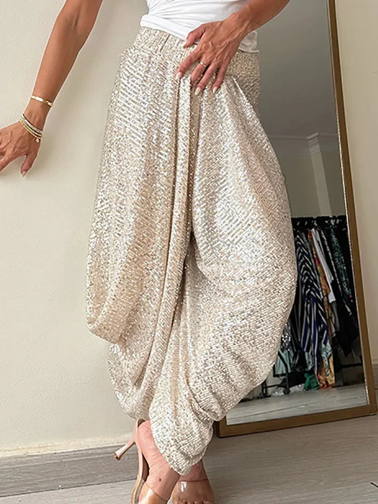 Women Elastic Waist Bloomers, Spring Summer Sequins Patchwork Trousers, Loungewear Fashion Solid Loose Ladies Pants Streetwear