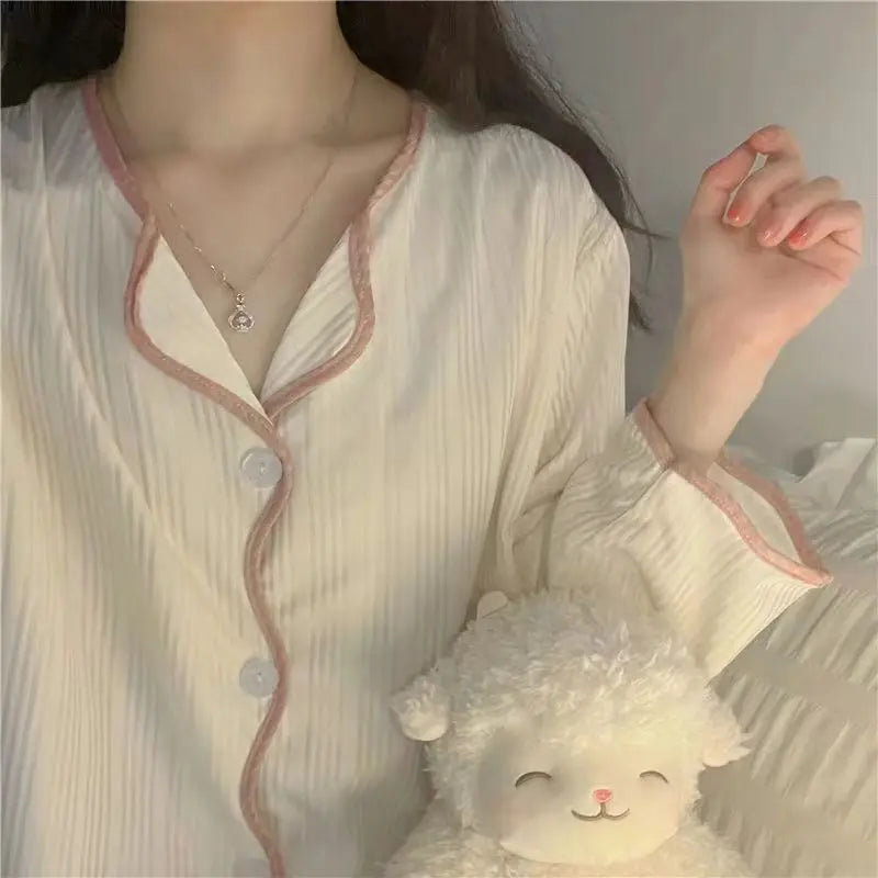 Spring and Autumn Long Sleeve Pants Pajamas Loungewear Set Women's Simple Pull Edge Loose Girl Student Loungewear Loose Suit