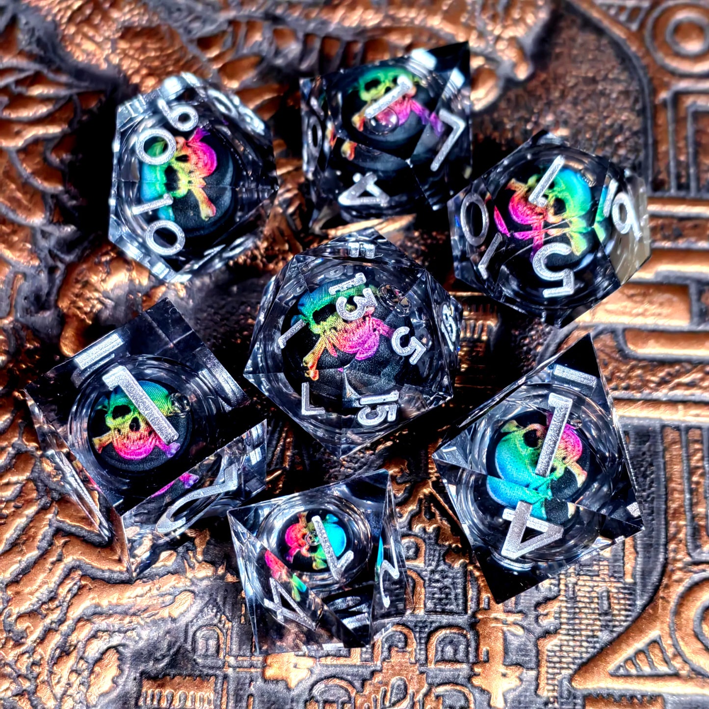 DnD Dice Set - Resin Dice with Spinning Dragon Eye Core, Transparent Blue Text, Perfect for Tabletop RPG & Board Games