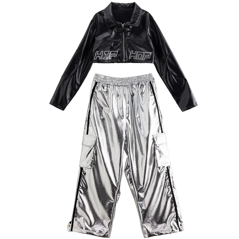 Girls Jazz Dance Hip Hop Outfit Child Model Catwalk Stage Dance Show Costume Black Navel Top White Trousers