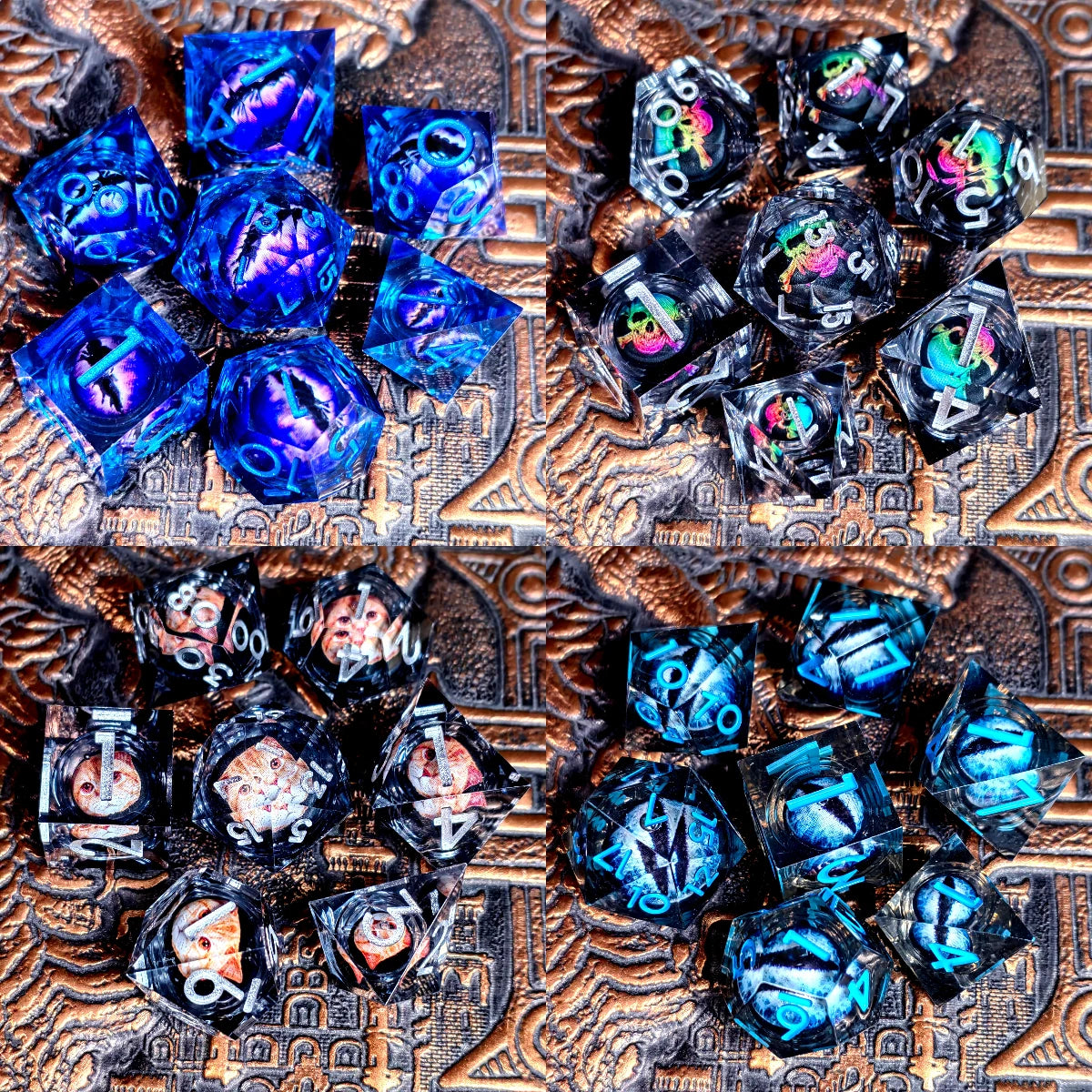 DnD Dice Set - Resin Dice with Spinning Dragon Eye Core, Transparent Blue Text, Perfect for Tabletop RPG & Board Games