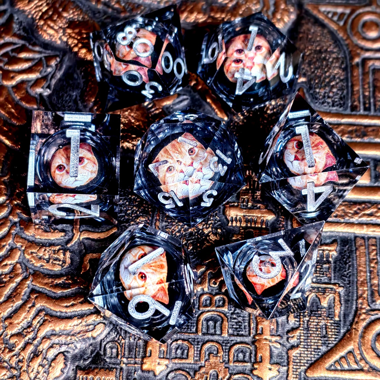 DnD Dice Set - Resin Dice with Spinning Dragon Eye Core, Transparent Blue Text, Perfect for Tabletop RPG & Board Games