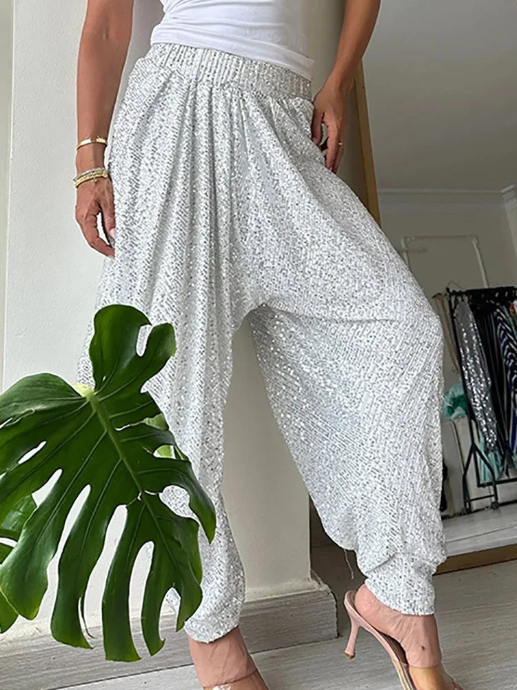 Women Elastic Waist Bloomers, Spring Summer Sequins Patchwork Trousers, Loungewear Fashion Solid Loose Ladies Pants Streetwear