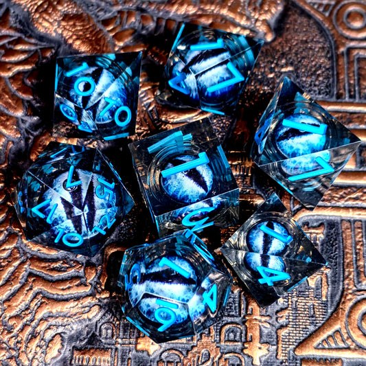 DnD Dice Set - Resin Dice with Spinning Dragon Eye Core, Transparent Blue Text, Perfect for Tabletop RPG & Board Games