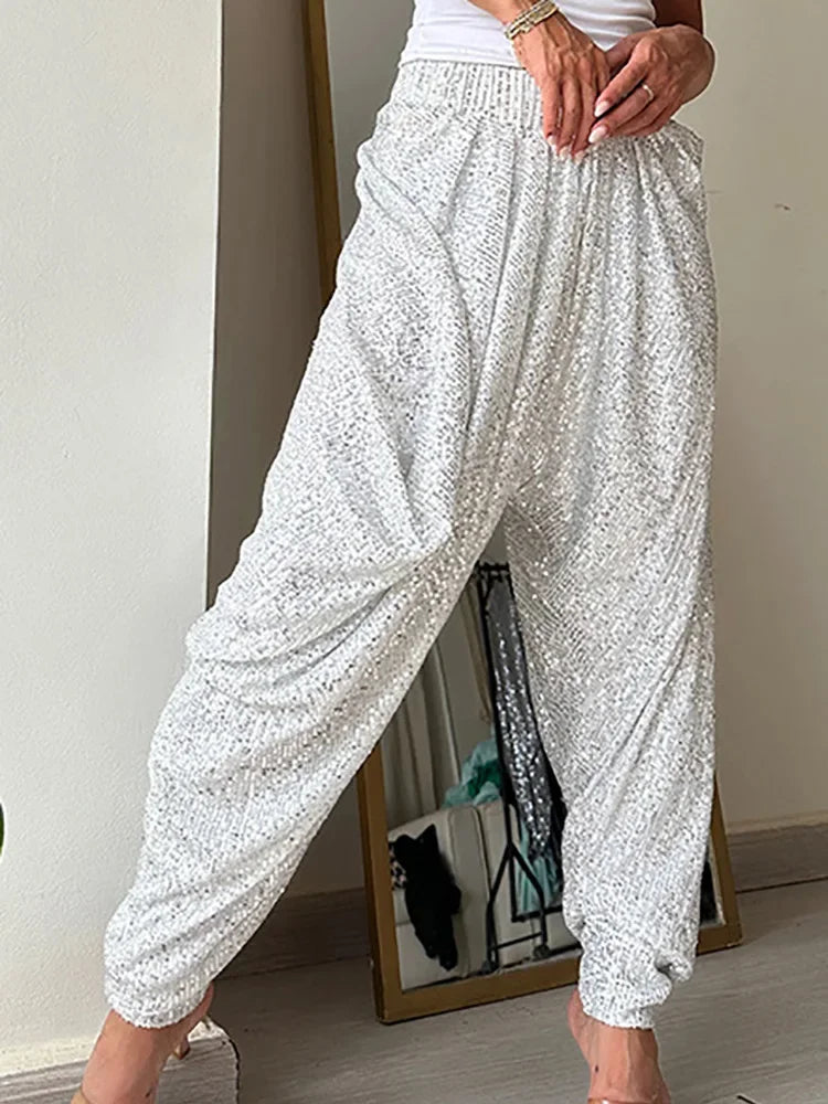 Women Elastic Waist Bloomers, Spring Summer Sequins Patchwork Trousers, Loungewear Fashion Solid Loose Ladies Pants Streetwear
