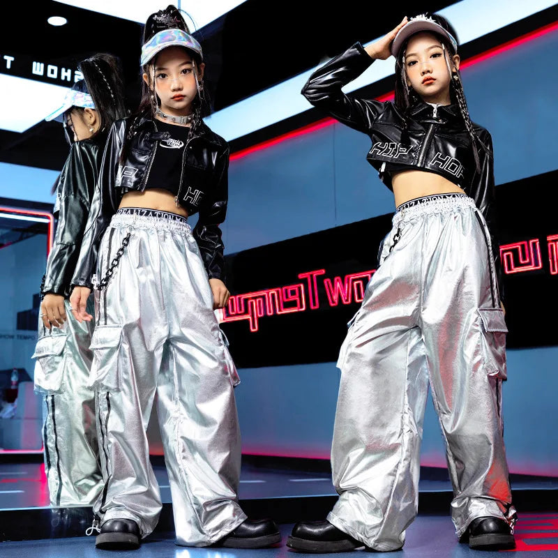 Girls Jazz Dance Hip Hop Outfit Child Model Catwalk Stage Dance Show Costume Black Navel Top White Trousers