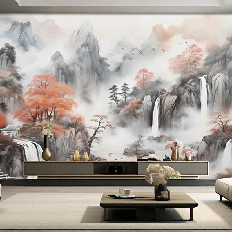 Custom Size Chinese Style Nature Landscape Mountain Waterfall Autumn Maple Trees Mural Wallpaper 3D Backdrop Wall Art Home Decor