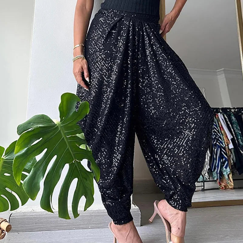 Women Elastic Waist Bloomers, Spring Summer Sequins Patchwork Trousers, Loungewear Fashion Solid Loose Ladies Pants Streetwear