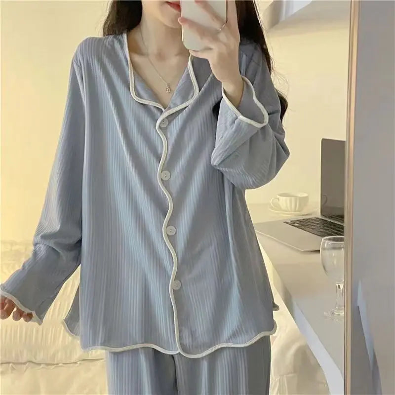 Spring and Autumn Long Sleeve Pants Pajamas Loungewear Set Women's Simple Pull Edge Loose Girl Student Loungewear Loose Suit