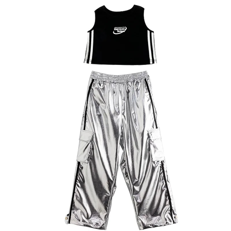Girls Jazz Dance Hip Hop Outfit Child Model Catwalk Stage Dance Show Costume Black Navel Top White Trousers