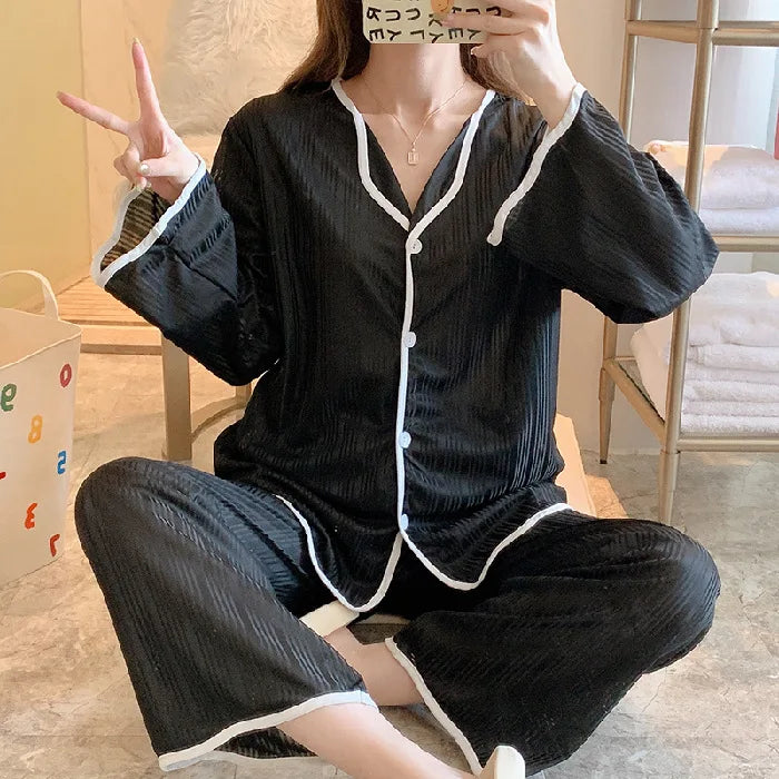 Spring and Autumn Long Sleeve Pants Pajamas Loungewear Set Women's Simple Pull Edge Loose Girl Student Loungewear Loose Suit